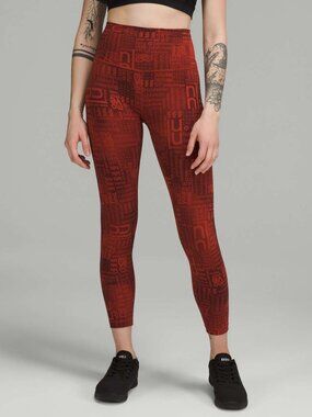 Lululemon Wunder Under High-Rise Leggings Size 4 Rust Burgundy All-Over Logo